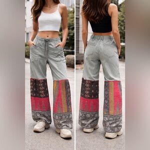 Upcycled wide leg utility pants with Kantha bottoms.